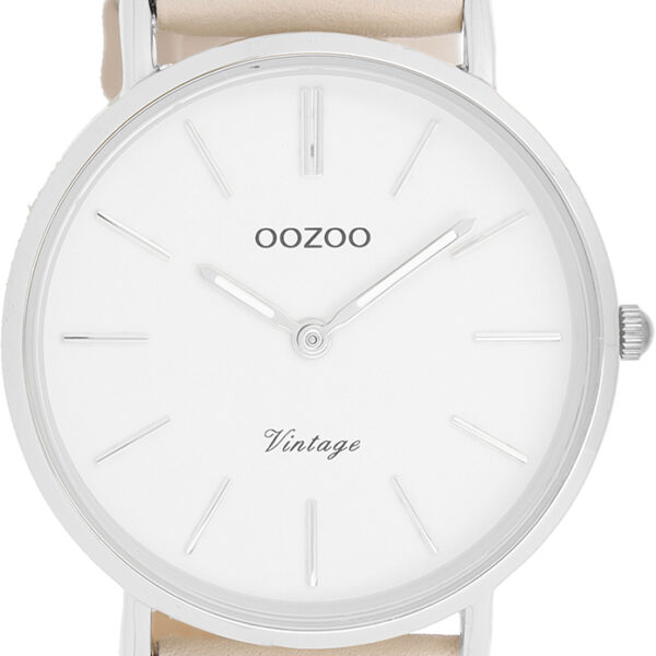OOZOO zilverkleurig horloge met crème leren band - C20391