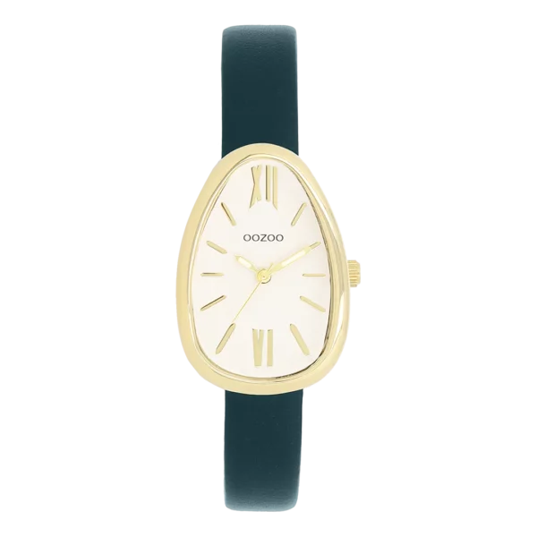 OOZOO Goudkleurig horloge met donkergroene leren band C11636
