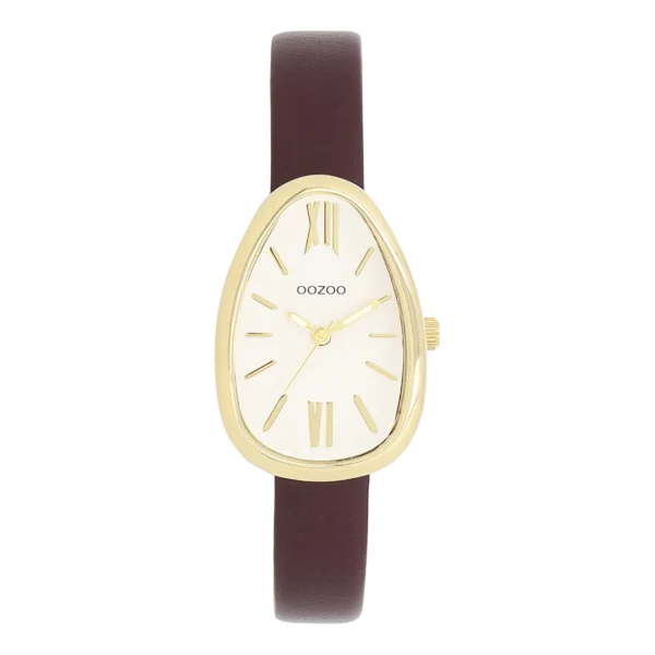 OOZOO Goudkleurig horloge met Rode leren band C11635