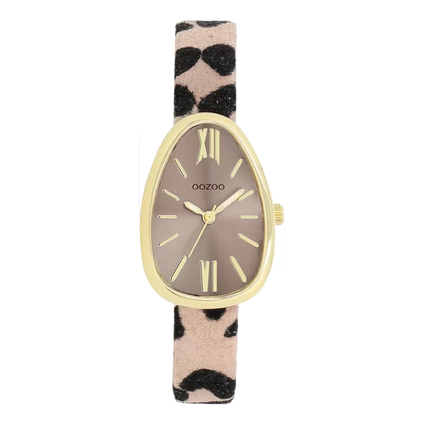 OOZOO Goudkleurig horloge met tijgerleren band C11638