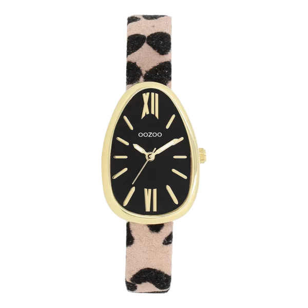 OOZOO Goudkleurig horloge met tijgerleren band C11639