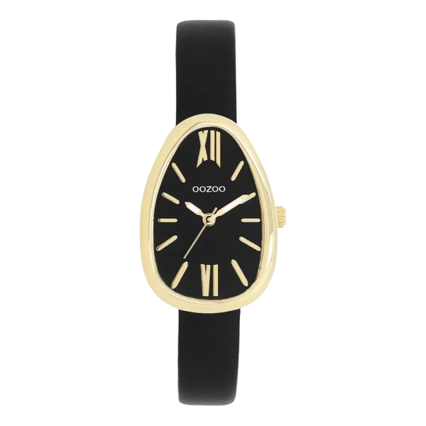 OOZOO Goudkleurig horloge met zwart leren band C11640