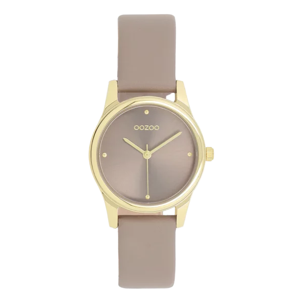 OOZOO Goudkleurig horloge met taupe leren band C11625
