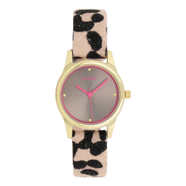 OOZOO Goudkleurig horloge met tijger leren band C11626