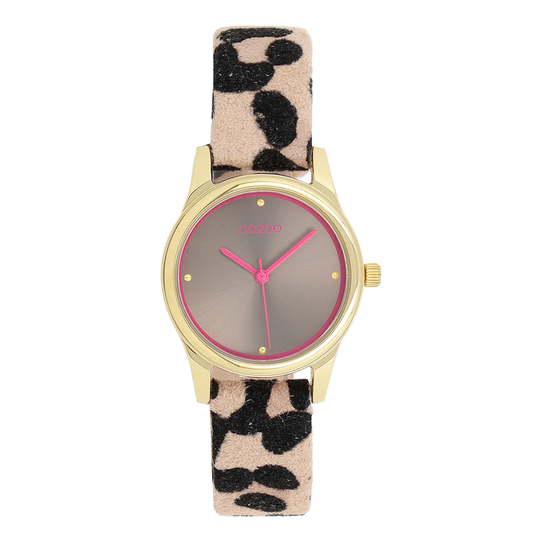 OOZOO Goudkleurig horloge met tijger leren band C11626