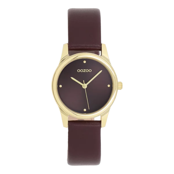 OOZOO Goudkleurig horloge met rode leren band C11627