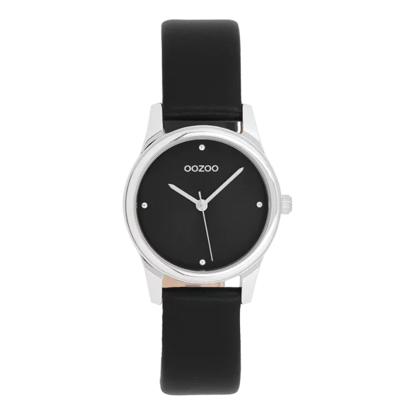 OOZOO Zilverkleurig horloge met zwarte leren band C11628