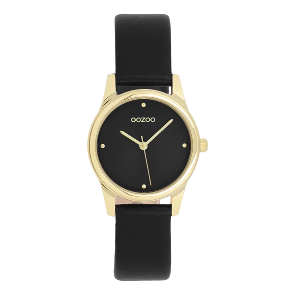 OOZOO Goudkleurig horloge met zwarte leren band C11629