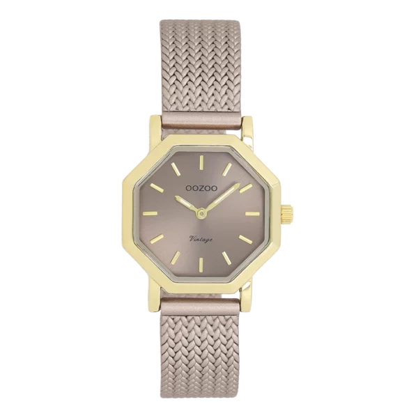 OOZOO Goudkleurig horloge met taupe metalen V-mesh band C20439